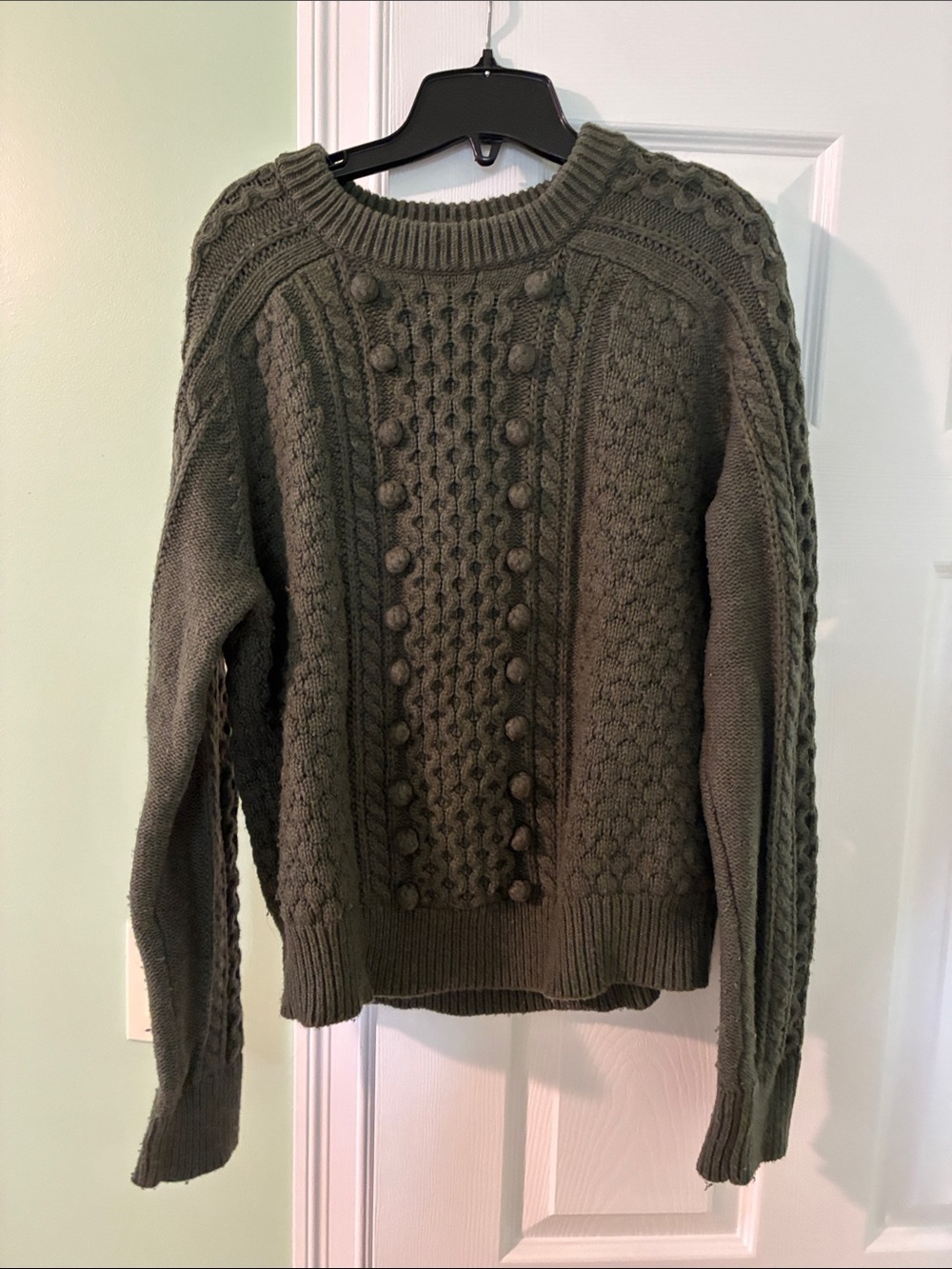 J. Crew Olive Cable-Knit Pom-Pom Crewneck Sweater